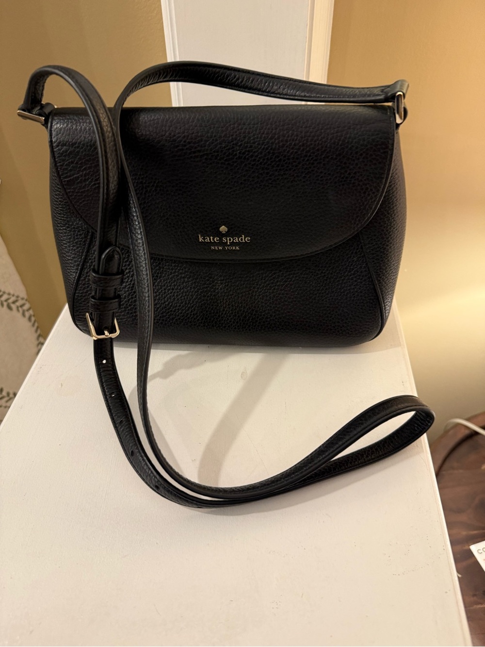 Kate Spade Monica Flap Crossbody Bag Black Pebbled Leather Gold Hardware Preppy